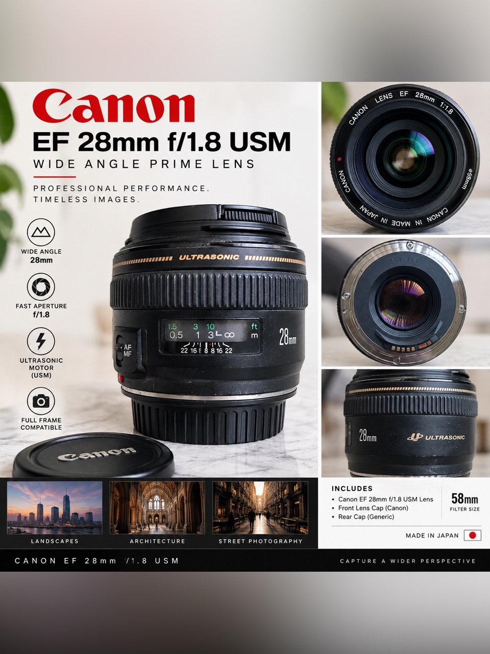 Canon EF 28mm f/1.8 USM Wide-Angle Lens - Black